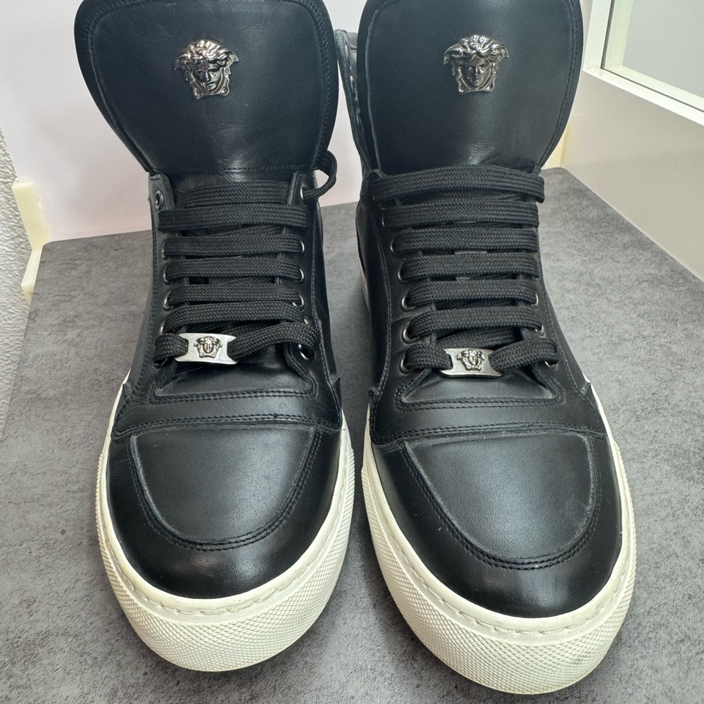 Versace Black Leather Sneakers with White Soles